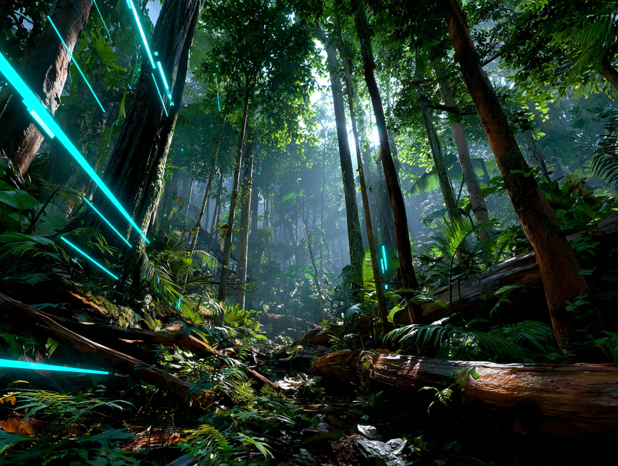 Cena de floresta com estruturas de luz turquesa entre as árvores