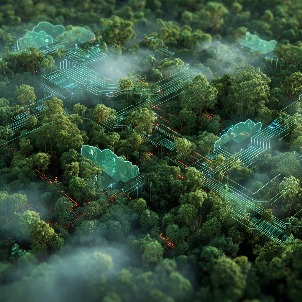 Floresta amazônica vista de cima com nuvens de dados