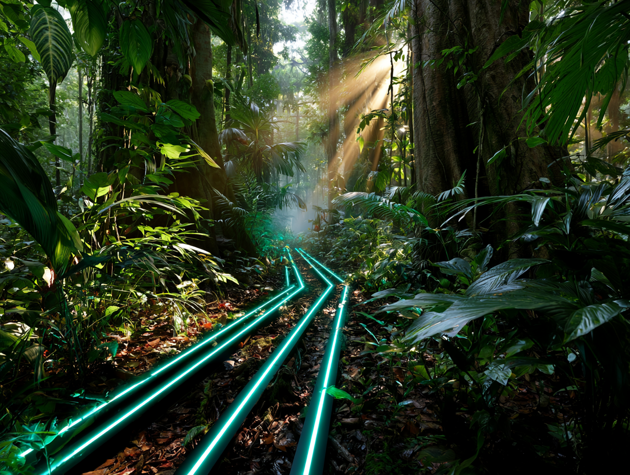 Trilha bioluminescente na floresta amazônica