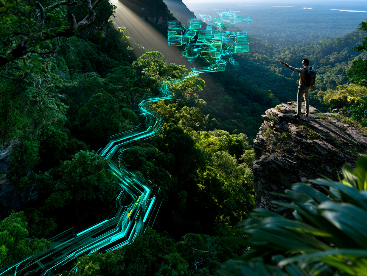 Visão do alto da floresta com trilha de luz turquesa